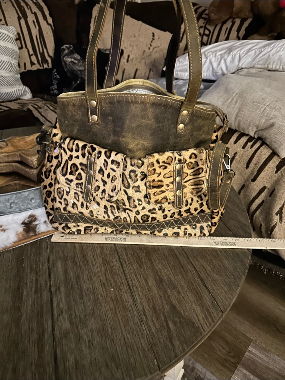 Leopard Print Shoulder Bag with Olive Brown Trim